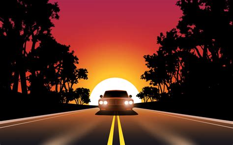 Car sunset driving vector illustration. A car running on highway at ...