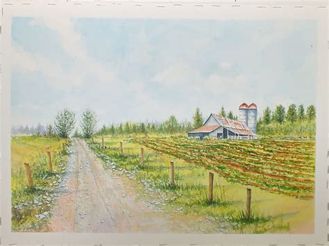 Simple Farm scene, dirt road, barn and sowed field. | Landscape drawings, Landscape, Farm scene