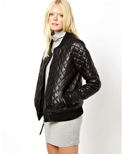 Glamorous Just Female Quilted Leather Bomber Jacket in Black | Lyst