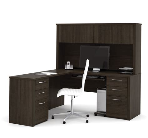 Double Pedestal L-shaped Desk with Hutch in Dark Chocolate – ComputerDesk.com