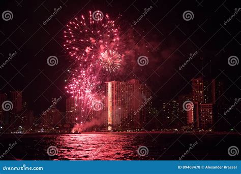 Fireworks at the Waikiki Beach on Oahu Stock Photo - Image of fireworks ...