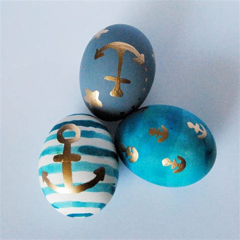 painted easter eggs, nautical, anchors, blue, denim, gold, stipes ...