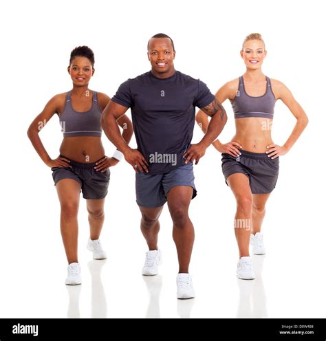 three healthy people exercising on white background Stock Photo - Alamy