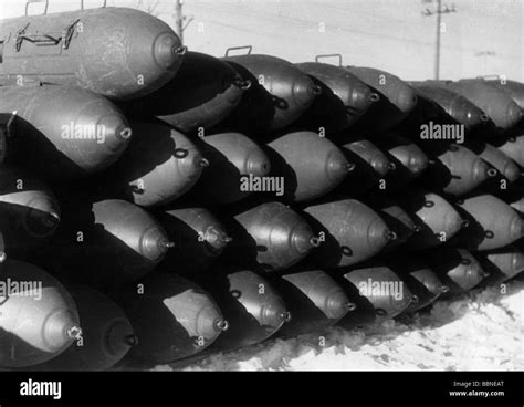 events, Second World War / WWII, aerial warfare, bombs / bombings, stack of German aerial ...