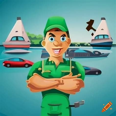 Cartoon green mechanic standing in front of boats, sports cars, and futuristic houses on Craiyon