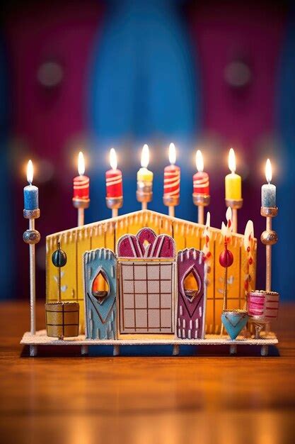 Premium AI Image | Hanukkah menorah with lit candles and dreidels ...