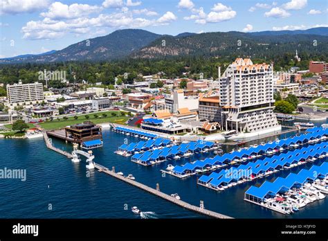 Coeur d' Alene, Idaho - August 12: Aerial view of The Coeur d' Alene resort and Marina. August ...