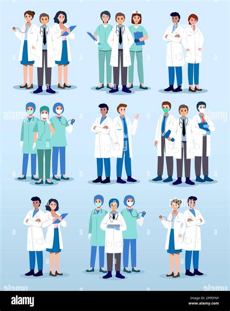 Set of medical team . Physician and nurse cartoon characters . Flat ...