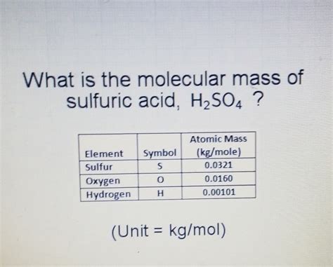 Solved What is the molecular mass of sulfuric acid, H2SO4 ? | Chegg.com