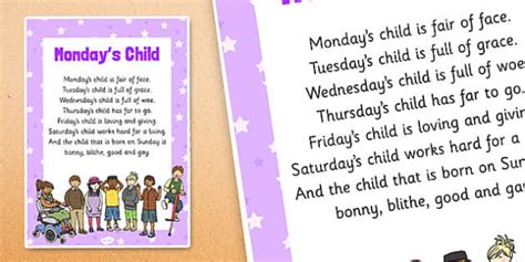 Monday's Child Nursery Rhyme Poster - EYFS songs - Twinkl