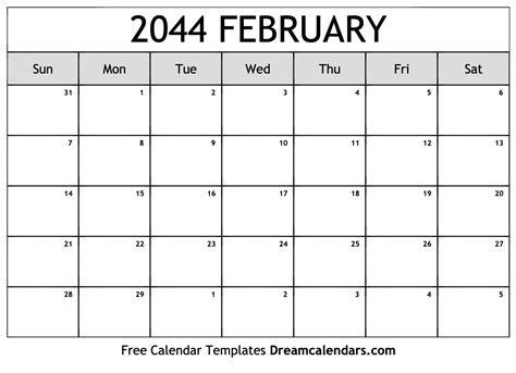 February 2044 Calendar - Free Printable with Holidays and Observances