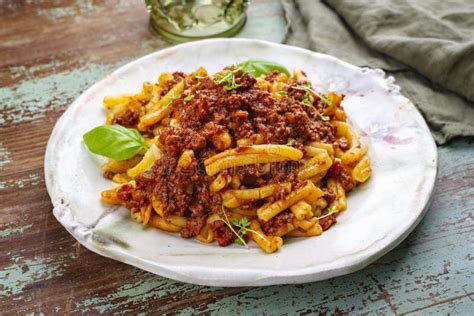 Traditional Casarecce Al Bronzo Al Rag Italian Pasta with Minced Meat ...