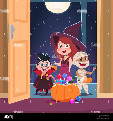 Halloween trick or treat background. Kids in halloween costumes with candies in doorway. Spooky ...