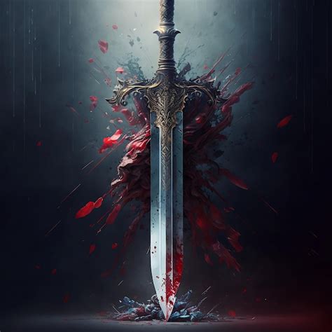 Premium Photo | A sword with a red stain on it is in the middle of a dark background