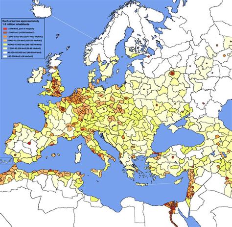 Europe population density map, absolute amount of 1.5 million people | Kaarten