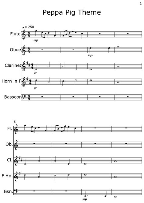 Peppa Pig Theme - Sheet music for Flute, Oboe, Clarinet, Horn in F, Bassoon