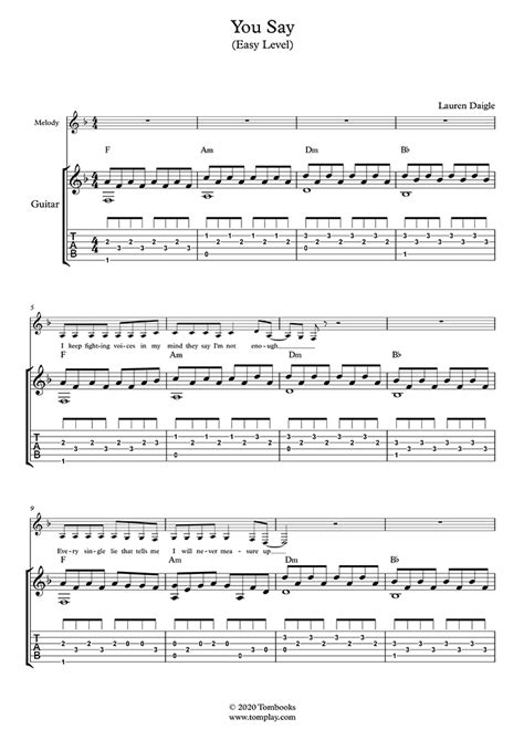 You Say (Easy Level, Solo Guitar) (Lauren Daigle) - Guitar Tabs and Sheet Music