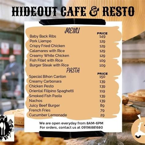 Menu at Hideout Cafe Resto, Philippines