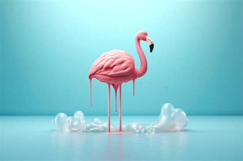 Pink Stick Ice Cream Melting with Flamingo Float on Pastel Blue Background. AI Generated Stock ...