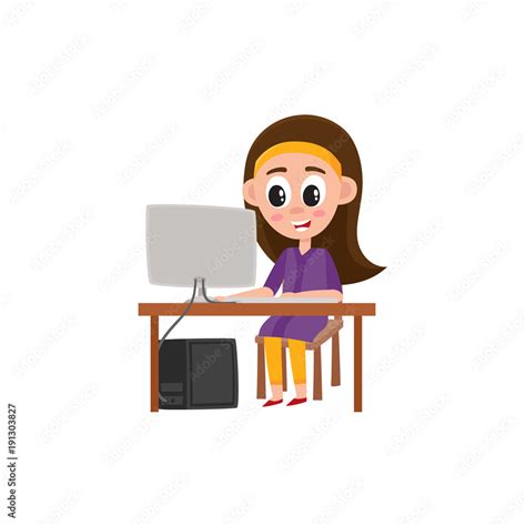 Pretty teenage girl working on computer sitting at the table, cartoon vector illustration ...