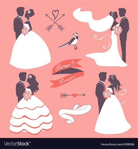 Set of elegant wedding couples in silhouette Vector Image