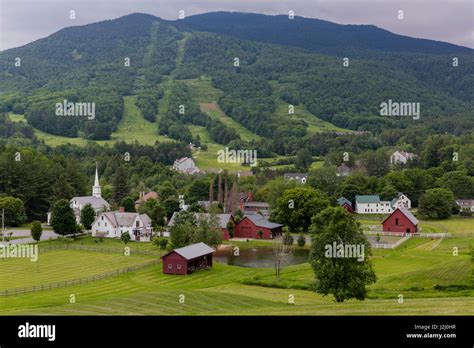 The view of Mount Ascutney from Brownsville Village in West Windsor, Vermont. Village Farm Stock ...