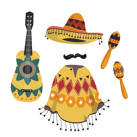 Premium Vector | Mexican musical instruments, a national poncho and a hat.