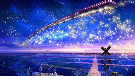 HD wallpaper: anime landscape, scenic, fantasy, flying train, stars ...