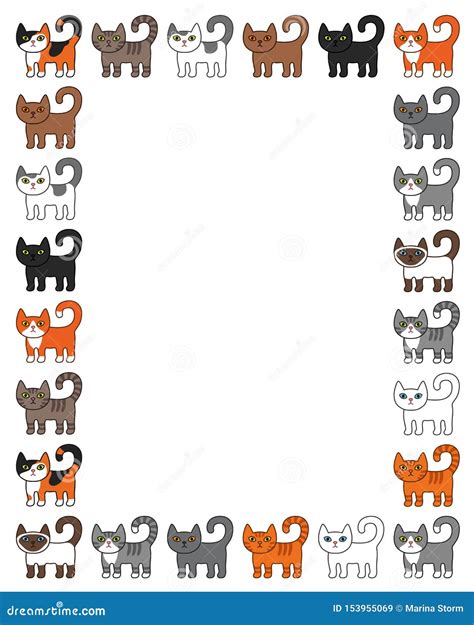 Various Cats Border Frame. Cute and Funny Cartoon Kitty Cat Vector Illustration Set with ...