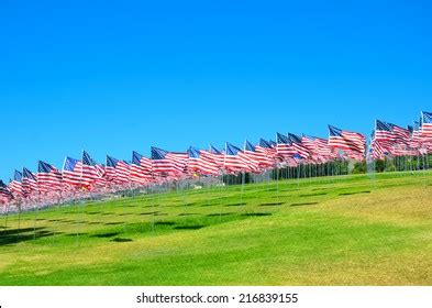 American Flags Background On Green Field Stock Photo 216839155 ...