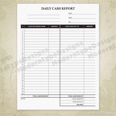 Daily Cash Report Printable Form | Weekly meal planner template ...