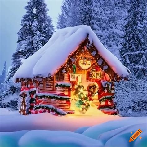 Christmas-themed hut in a snowy winter wonderland on Craiyon