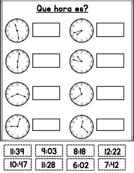 Spanish Telling Time Worksheets by Kinder Treasures | TPT