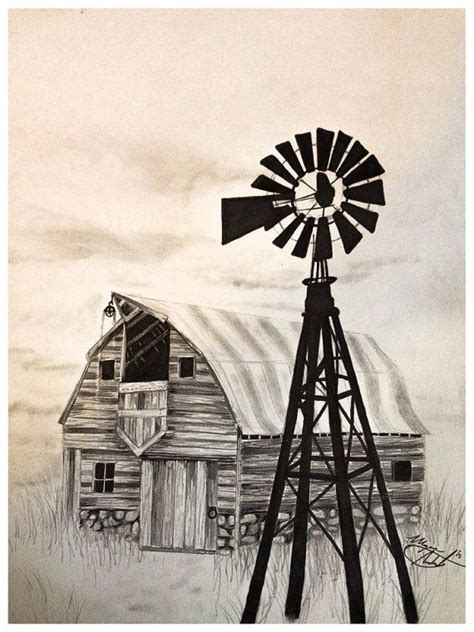 Barn & Windmill Drawing {Charcoal, Ink Art} Farm Scene | Barn drawing ...