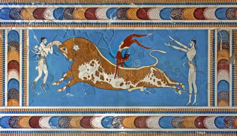 Bull-leaping fresco, Knossos palace, Crete, Greece. Acrobatics over a ...