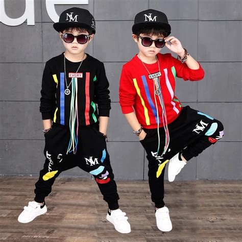 2018 Autumn Boys Hip Hop Clothing Set Kids Color Bars Printing Dancing ...