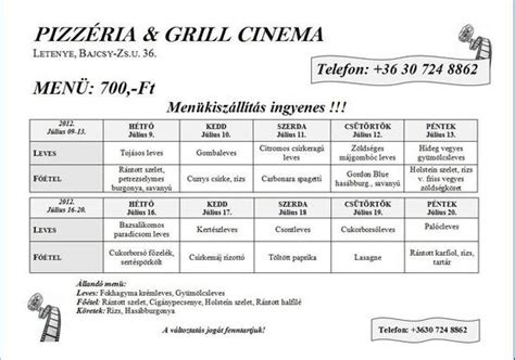 Menu at Grill Cinema pizzeria, Letenye