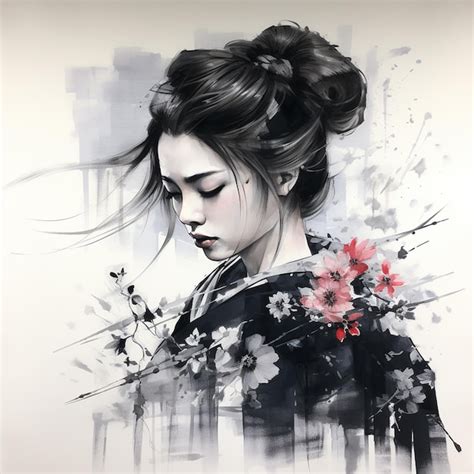 Premium AI Image | Japanese Flower Ink Wash Painting