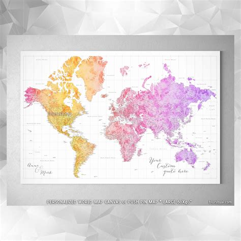 Custom large & highly detailed world map canvas print or push pin map, bright and colorful ...