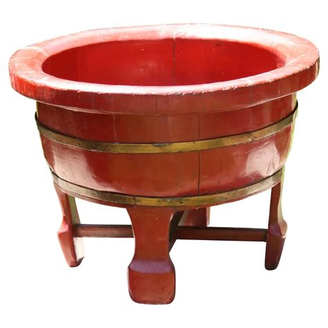 Japanese Red Painted Wood Barrel Planter Bowl on Stand | Wood barrel ...