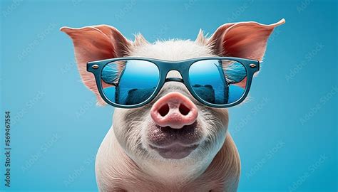 Funny pig with sunglasses on a blue colored background. Cute little ...