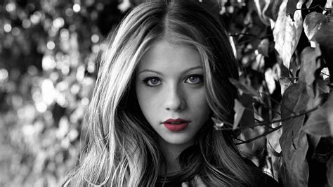 leaves, Michelle Trachtenberg, model, bokeh, blue eyes, actress, selective coloring, women, red ...