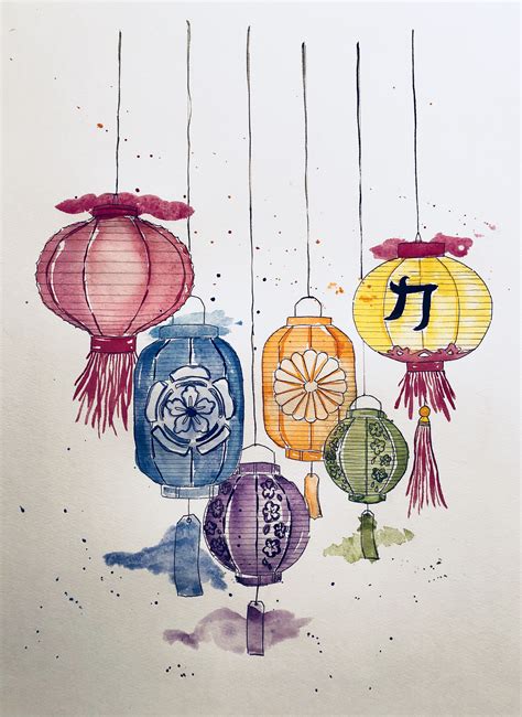 Chinese Lantern Drawing, Lanterns Drawing, Lantern Painting, Chinese Lantern Tattoo, Japanese ...