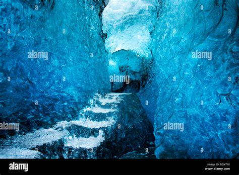 Blue Ice cave interior in Iceland on Vatnajokull Glacier Stock Photo ...