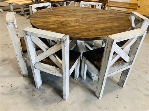 5ft Round Rustic Farmhouse Table with chairs, Single Pedestal Style ...