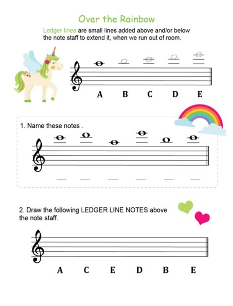 Over the Rainbow Ledger Line Note Worksheet - Piano Heroes