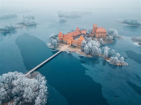 Aerial View Castle Lithuania Island Winter Mist Trakai Island Castle ...