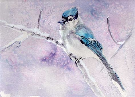 Bunny's Artwork: BLUE JAY IN SNOW ORIGINAL WATERCOLOR PAINTING