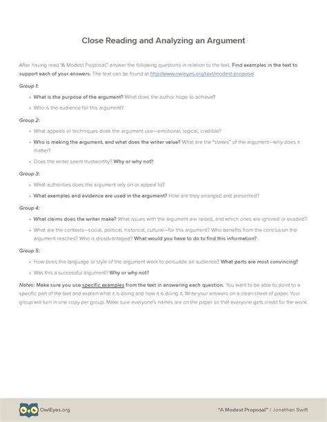 A Modest Proposal Argument Analysis Activity - Owl Eyes