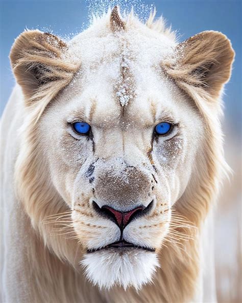 Premium Photo | White lion with blue eyes in the snow